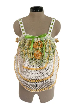 1960s Handmade Crocheted Crop Top w Longer Set Front & Flower Details