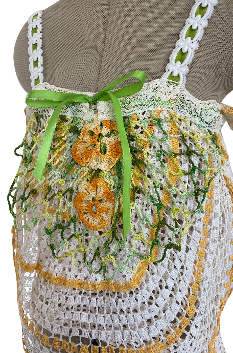 1960s Handmade Crocheted Crop Top w Longer Set Front & Flower Details