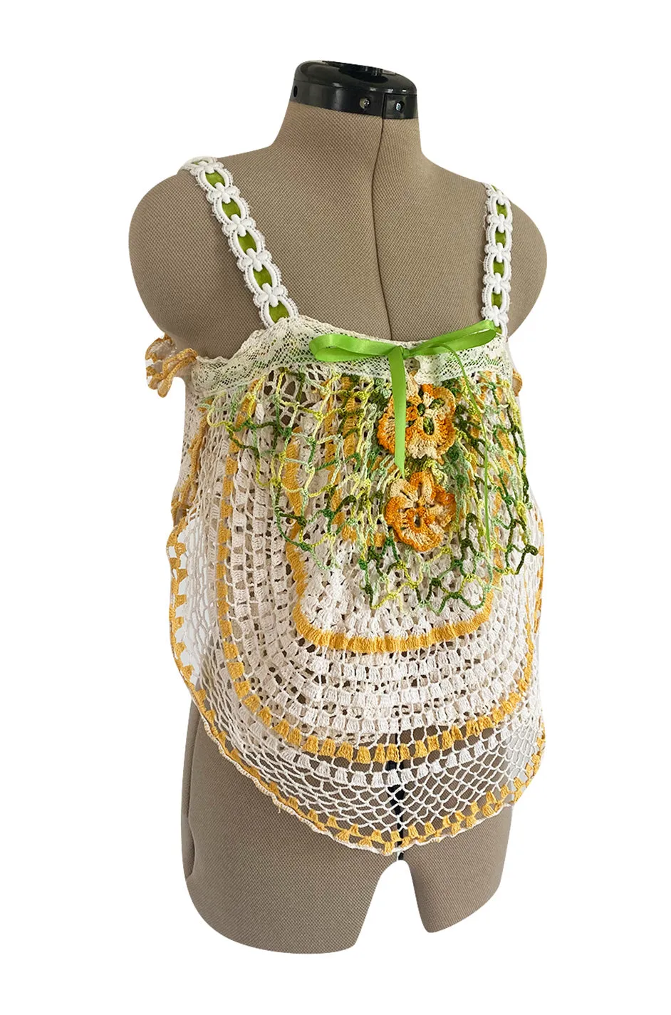 1960s Handmade Crocheted Crop Top w Longer Set Front & Flower Details
