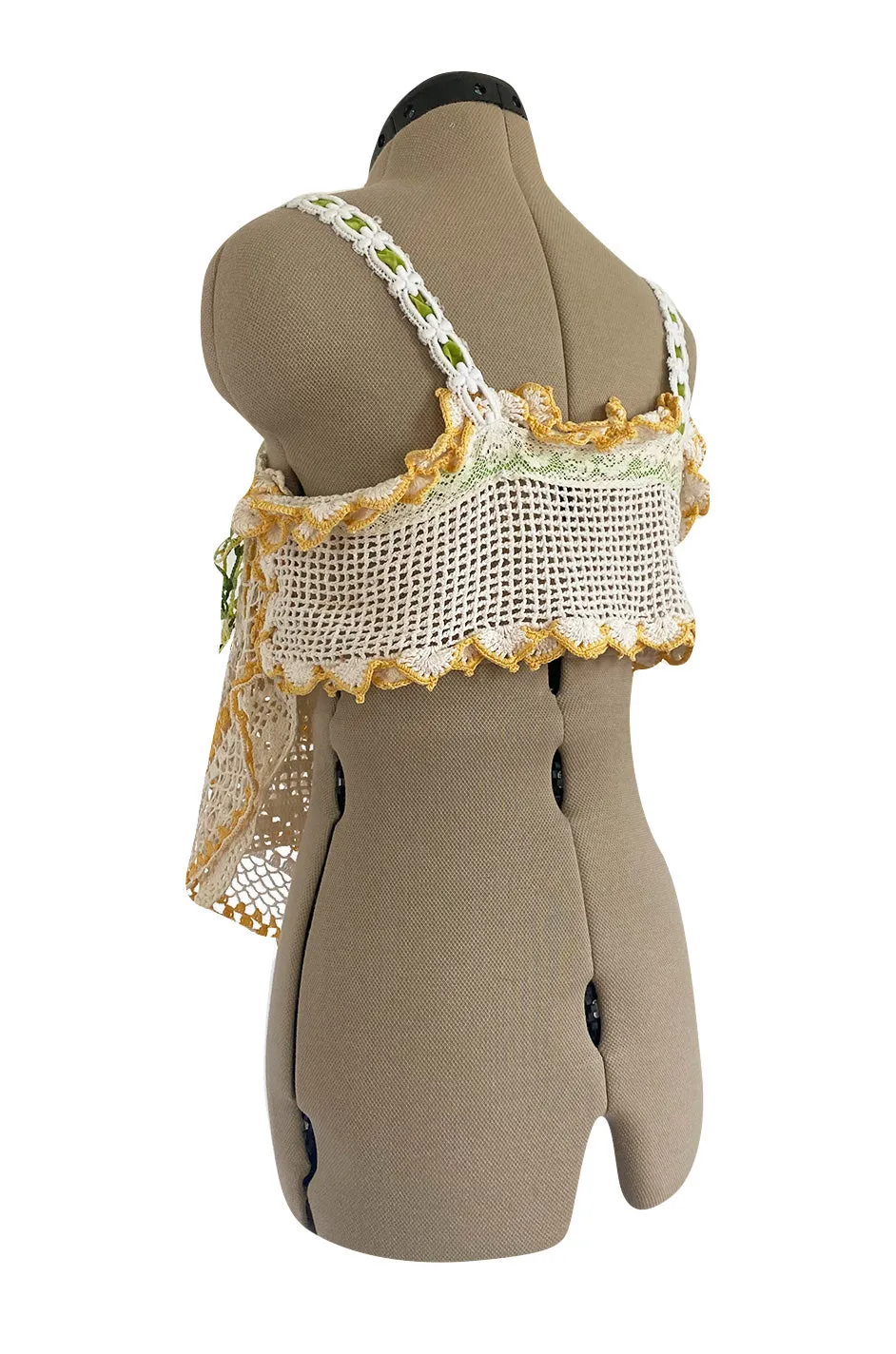 1960s Handmade Crocheted Crop Top w Longer Set Front & Flower Details