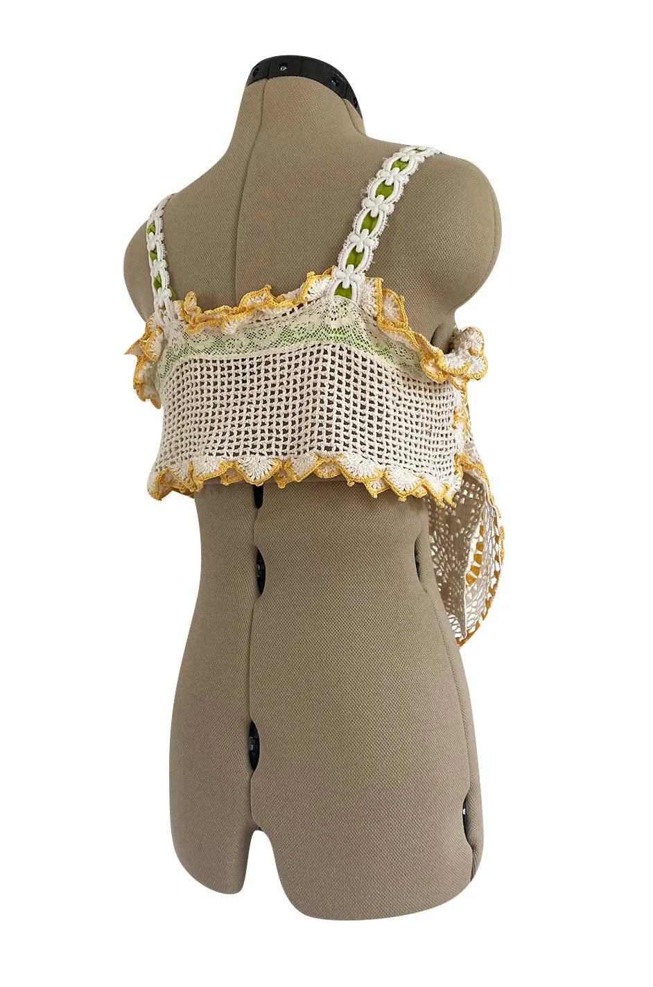 1960s Handmade Crocheted Crop Top w Longer Set Front & Flower Details