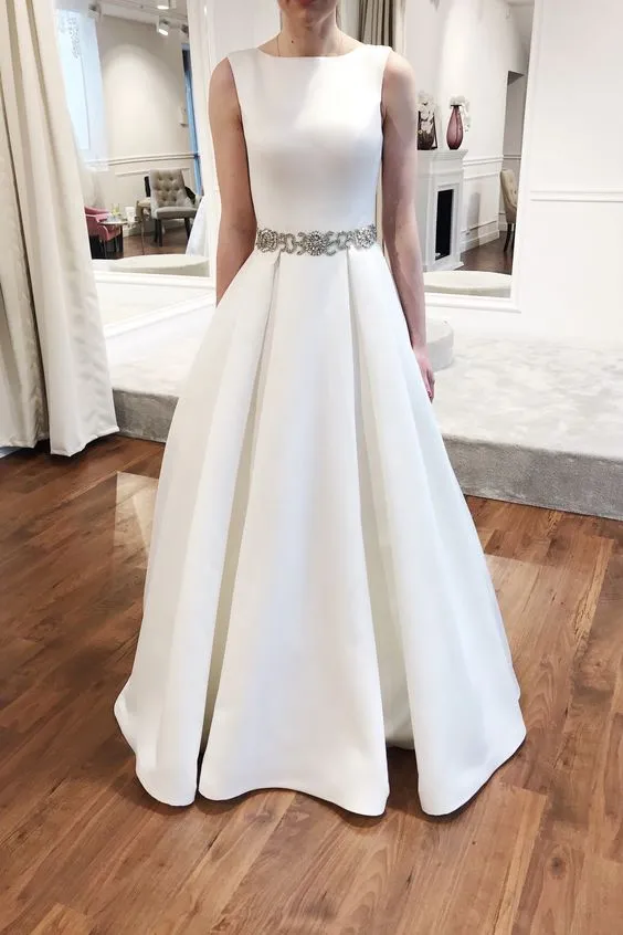 2020 Modern Satin Bride Wedding Dresses with Stones Sash