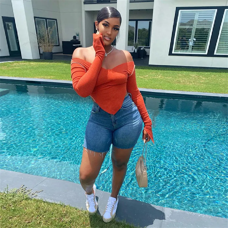 (30 Pieces) Women Fashion V-Neck Off-Shoulder Irregular Hem Crop Tops