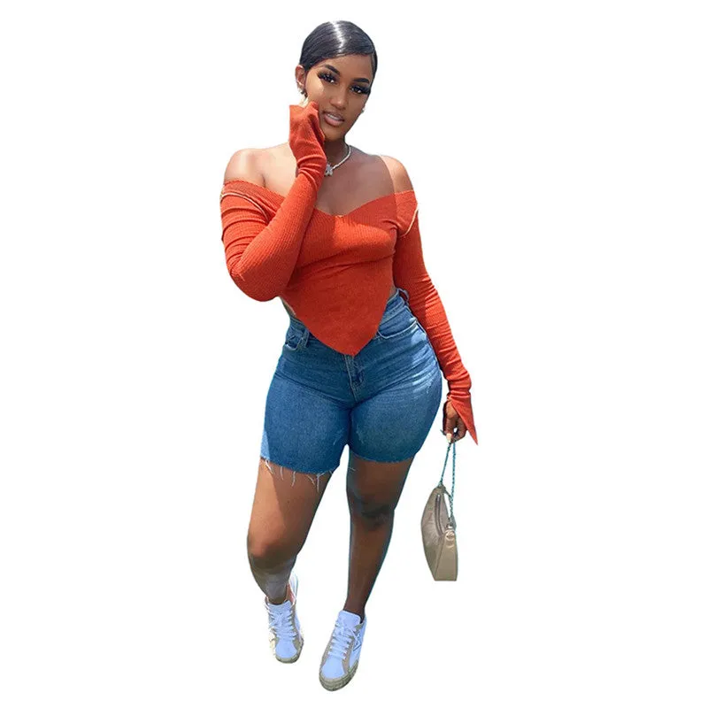 (30 Pieces) Women Fashion V-Neck Off-Shoulder Irregular Hem Crop Tops