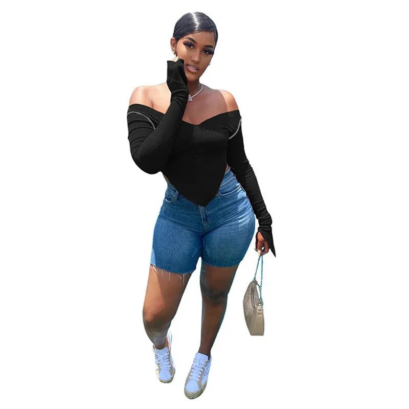 (30 Pieces) Women Fashion V-Neck Off-Shoulder Irregular Hem Crop Tops