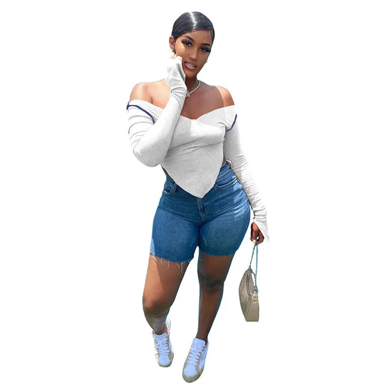 (30 Pieces) Women Fashion V-Neck Off-Shoulder Irregular Hem Crop Tops