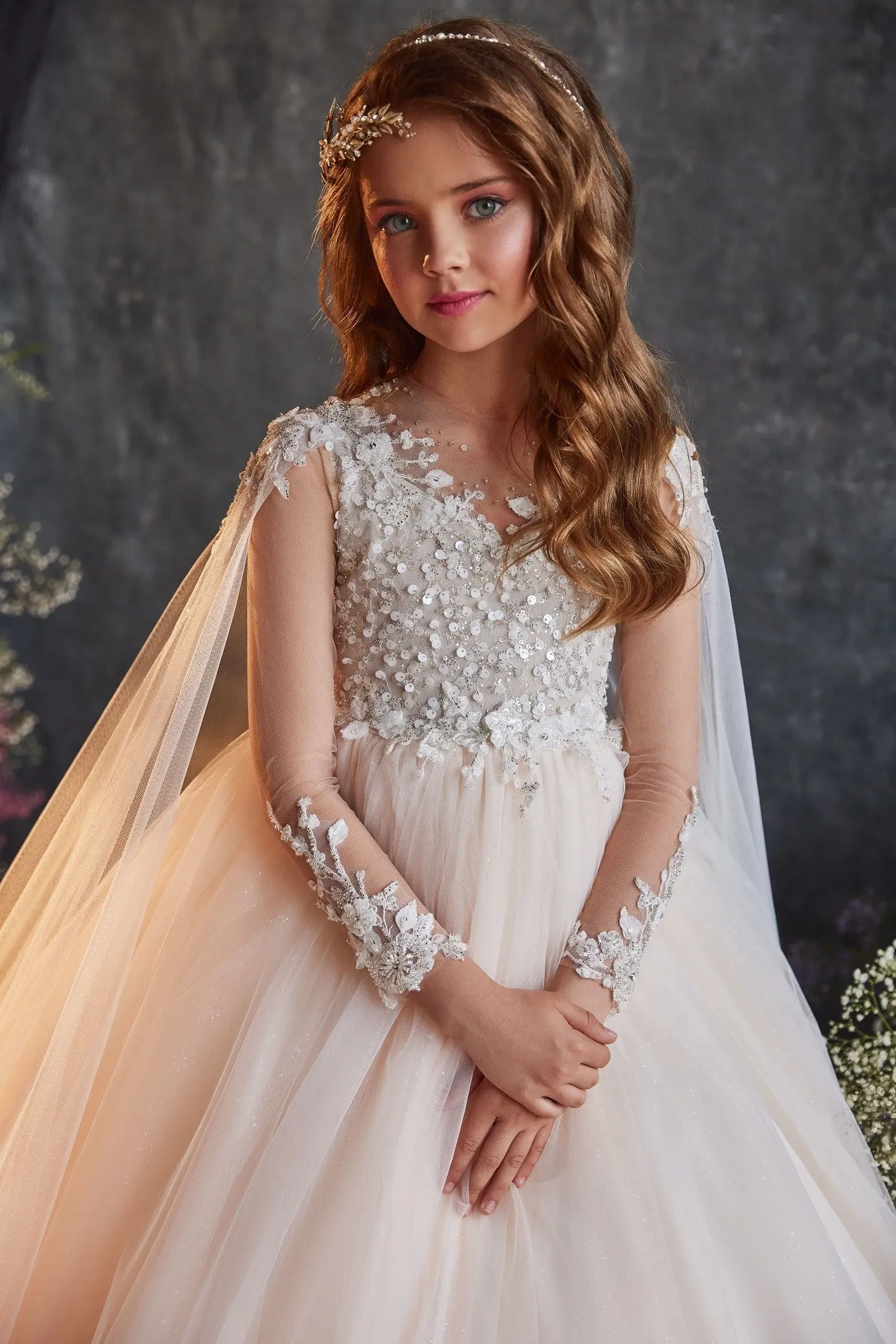 3219 Junior Bridesmaid Dress with Cape Sleeves