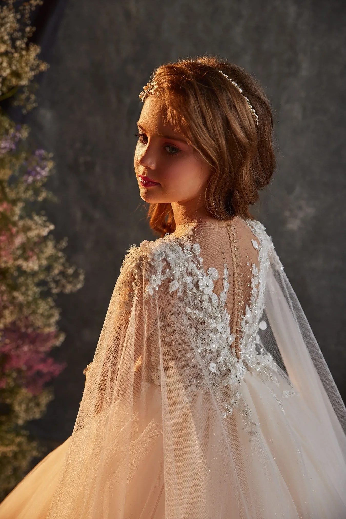 3219 Junior Bridesmaid Dress with Cape Sleeves