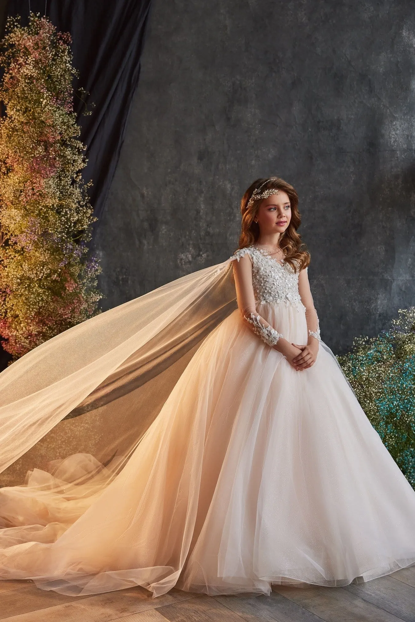 3219 Junior Bridesmaid Dress with Cape Sleeves
