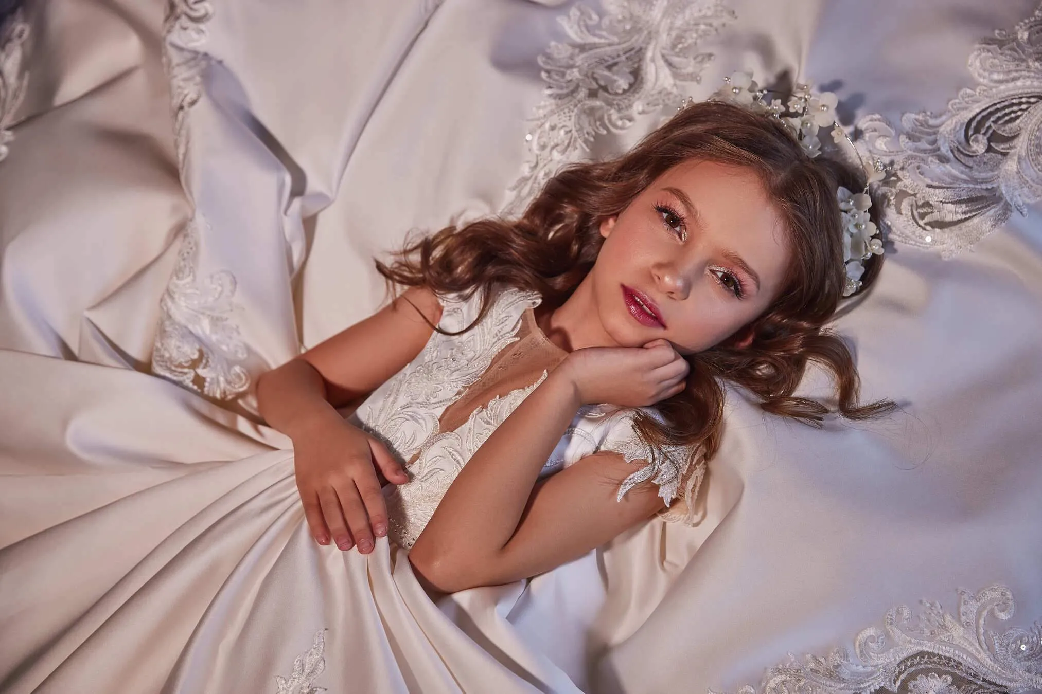3232 Girls Ivory Satin Dress for Special Occasions