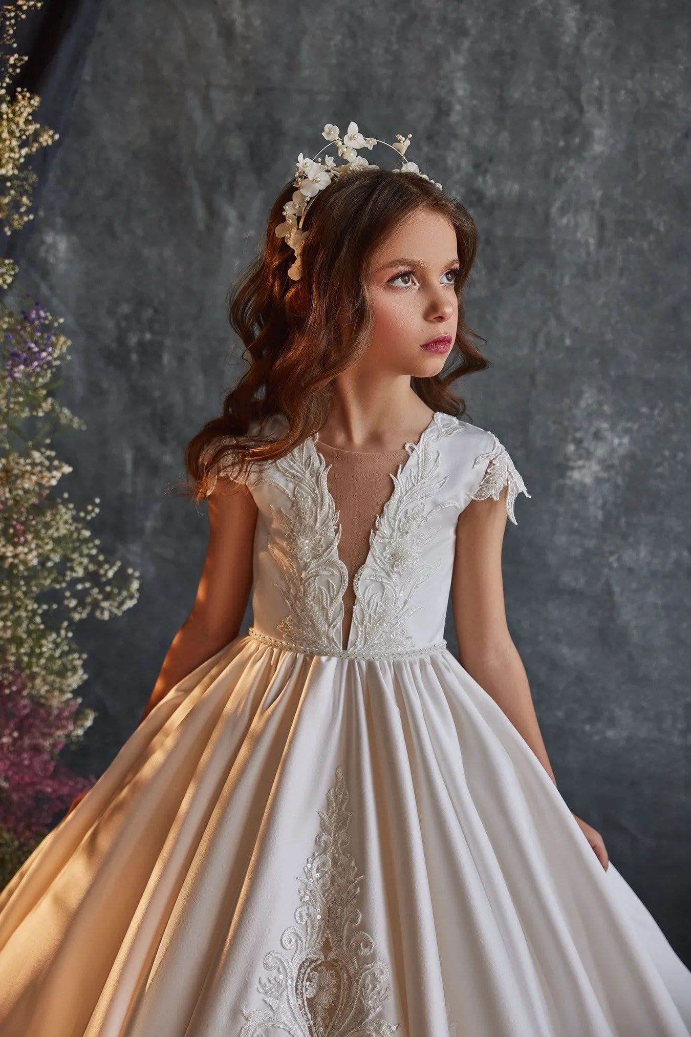 3232 Girls Ivory Satin Dress for Special Occasions