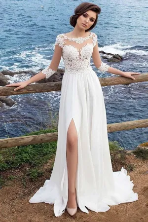 3/4 Sleeves Lace Chiffon Bridal Dress for Beach Weddings