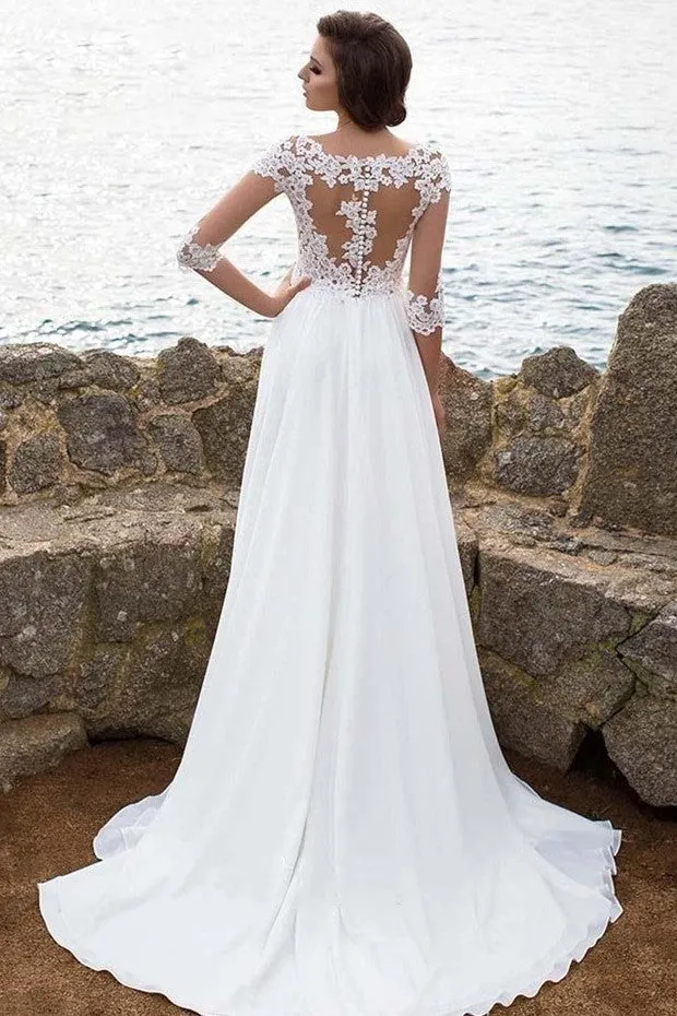 3/4 Sleeves Lace Chiffon Bridal Dress for Beach Weddings