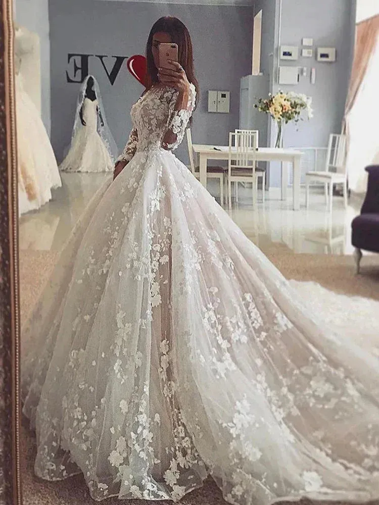 3D Lace Wedding Dresses 3D Lace Long Sleeve Appliques Bride Dress Vintage Appliques Wedding Gowns