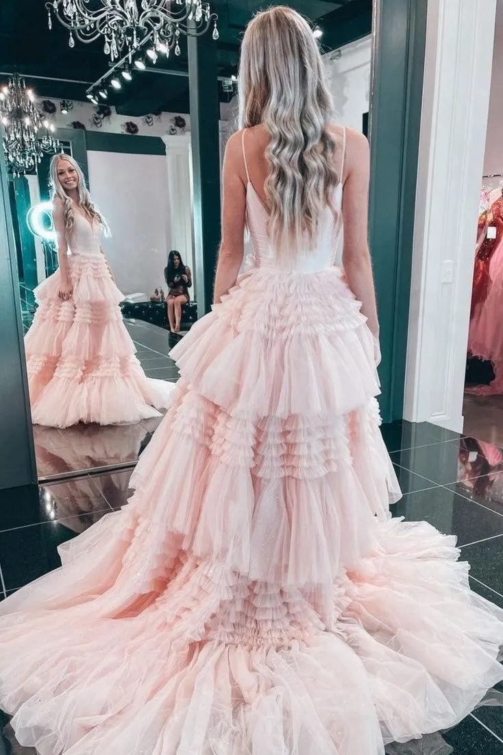 A-line Blue Tulle Prom Gown with Layers Skirt