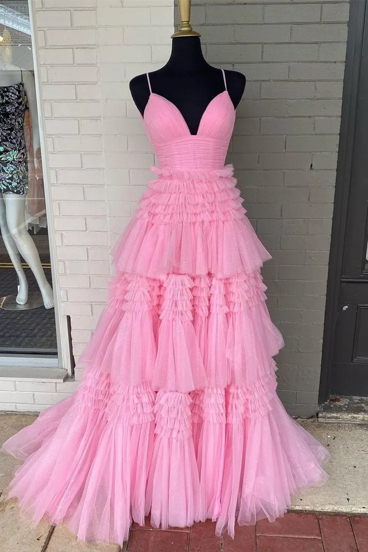 A-line Blue Tulle Prom Gown with Layers Skirt