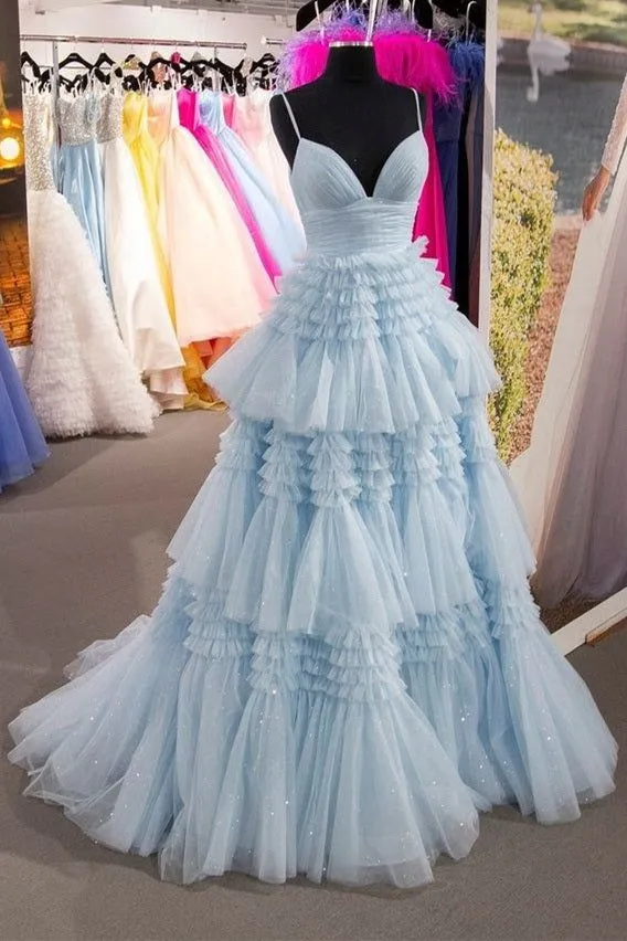 A-line Blue Tulle Prom Gown with Layers Skirt