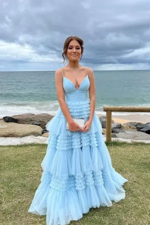 A-line Blue Tulle Prom Gown with Layers Skirt