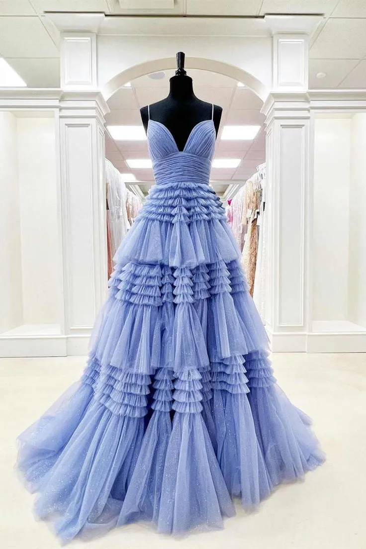 A-line Blue Tulle Prom Gown with Layers Skirt