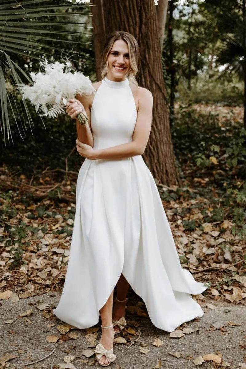 A-line Satin Royal Bride Dresses with Stand Neckline