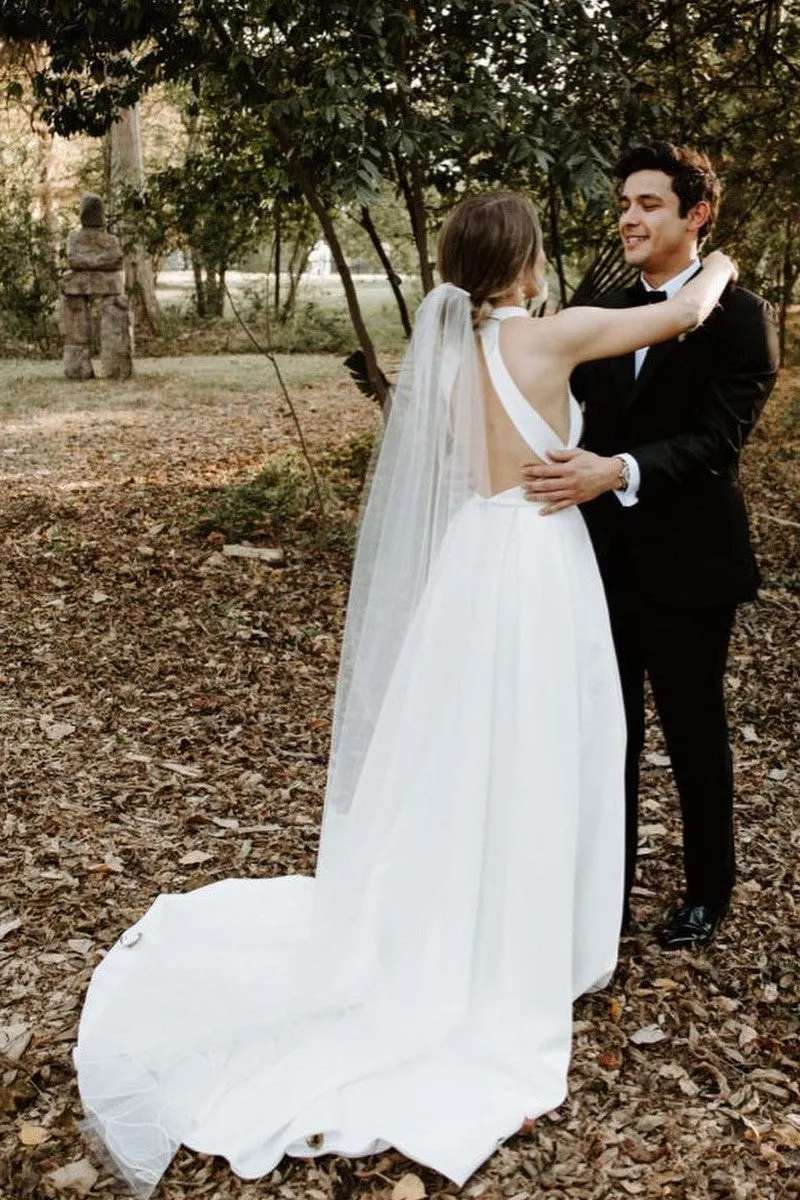 A-line Satin Royal Bride Dresses with Stand Neckline