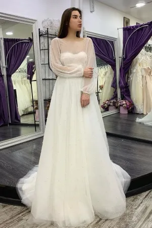 A-line Tulle Backless Bridal Dresses with Pearls Overall