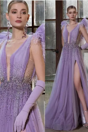 A-line Tulle Prom Long Dress with High Thigh Slit