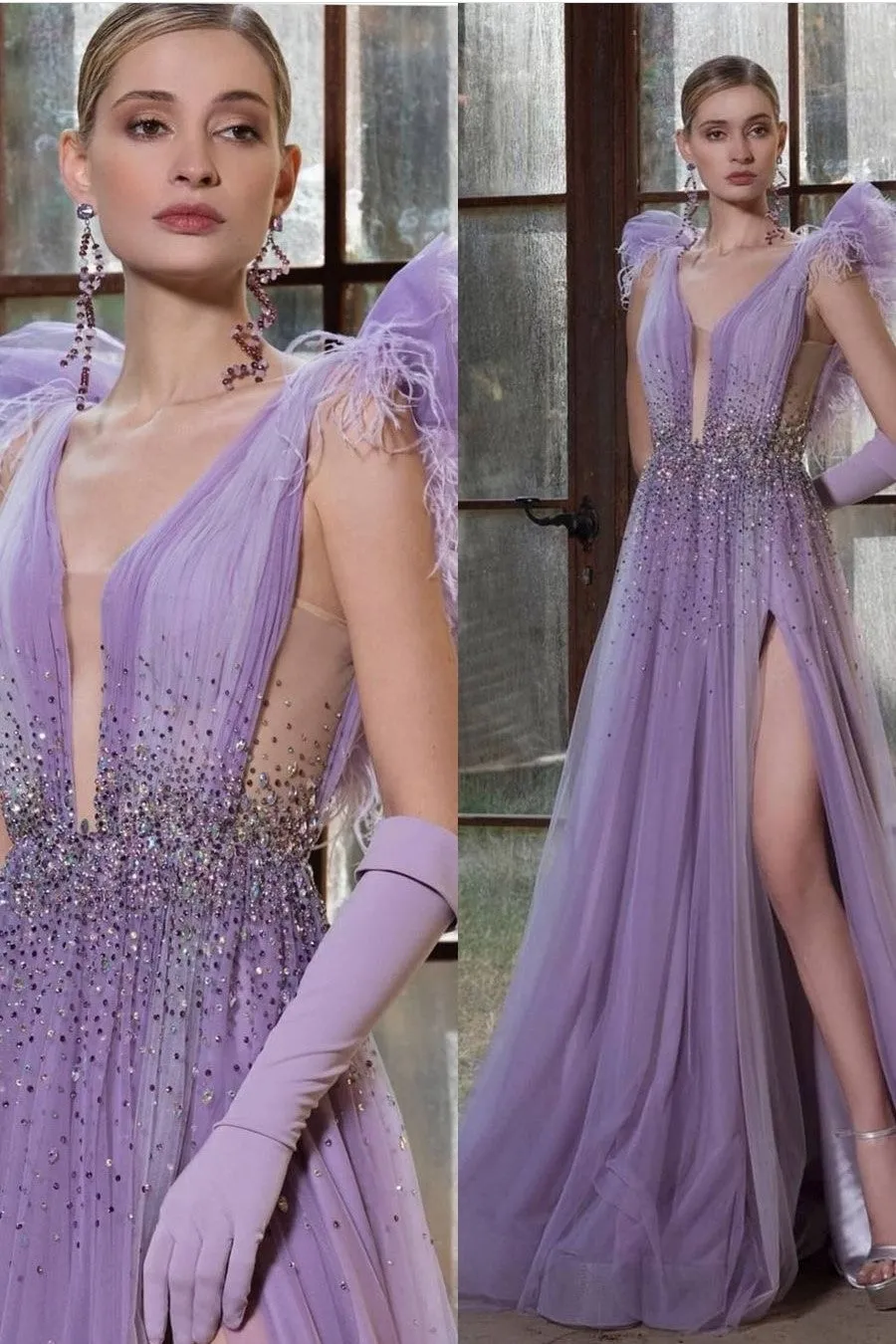 A-line Tulle Prom Long Dress with High Thigh Slit
