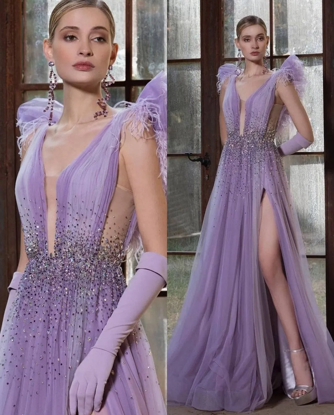 A-line Tulle Prom Long Dress with High Thigh Slit