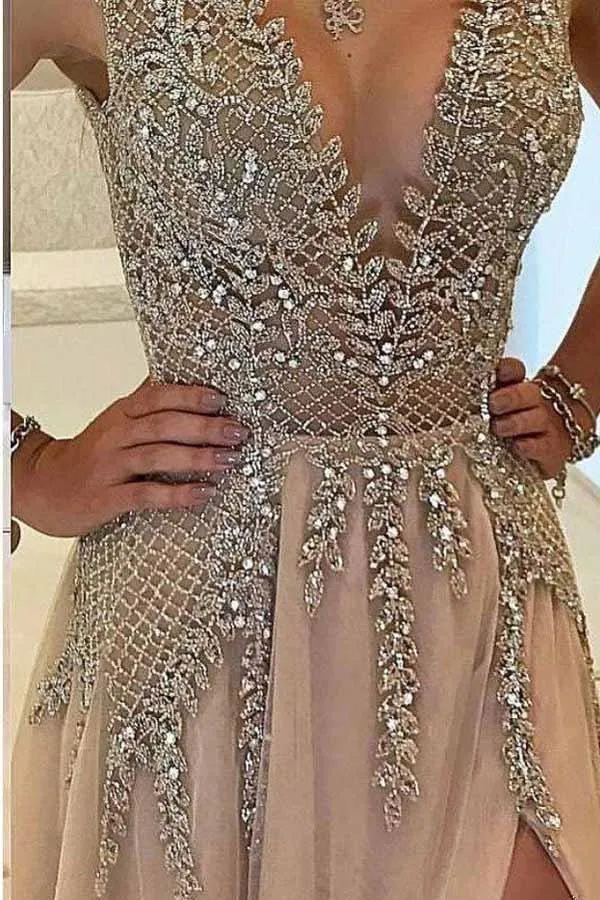 A line V Neck Evening Dress with Slit Sexy  Long Prom Dresses TP0836