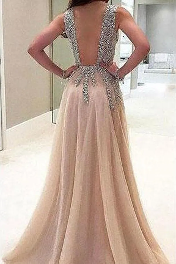 A line V Neck Evening Dress with Slit Sexy  Long Prom Dresses TP0836