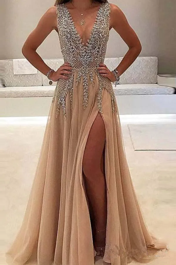 A line V Neck Evening Dress with Slit Sexy  Long Prom Dresses TP0836