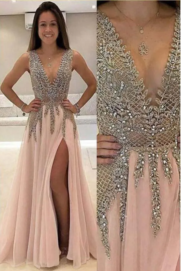 A line V Neck Evening Dress with Slit Sexy  Long Prom Dresses TP0836
