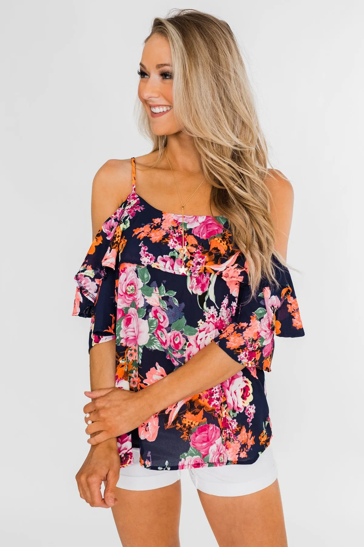 Always Dreaming Floral Cold Shoulder Top- Navy