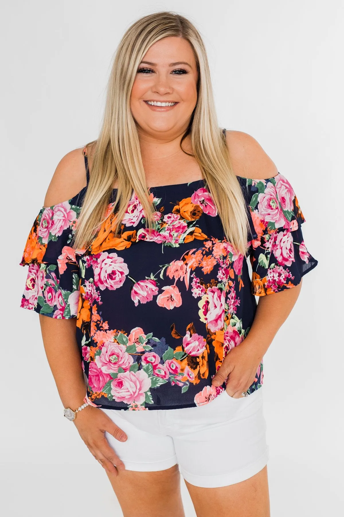 Always Dreaming Floral Cold Shoulder Top- Navy