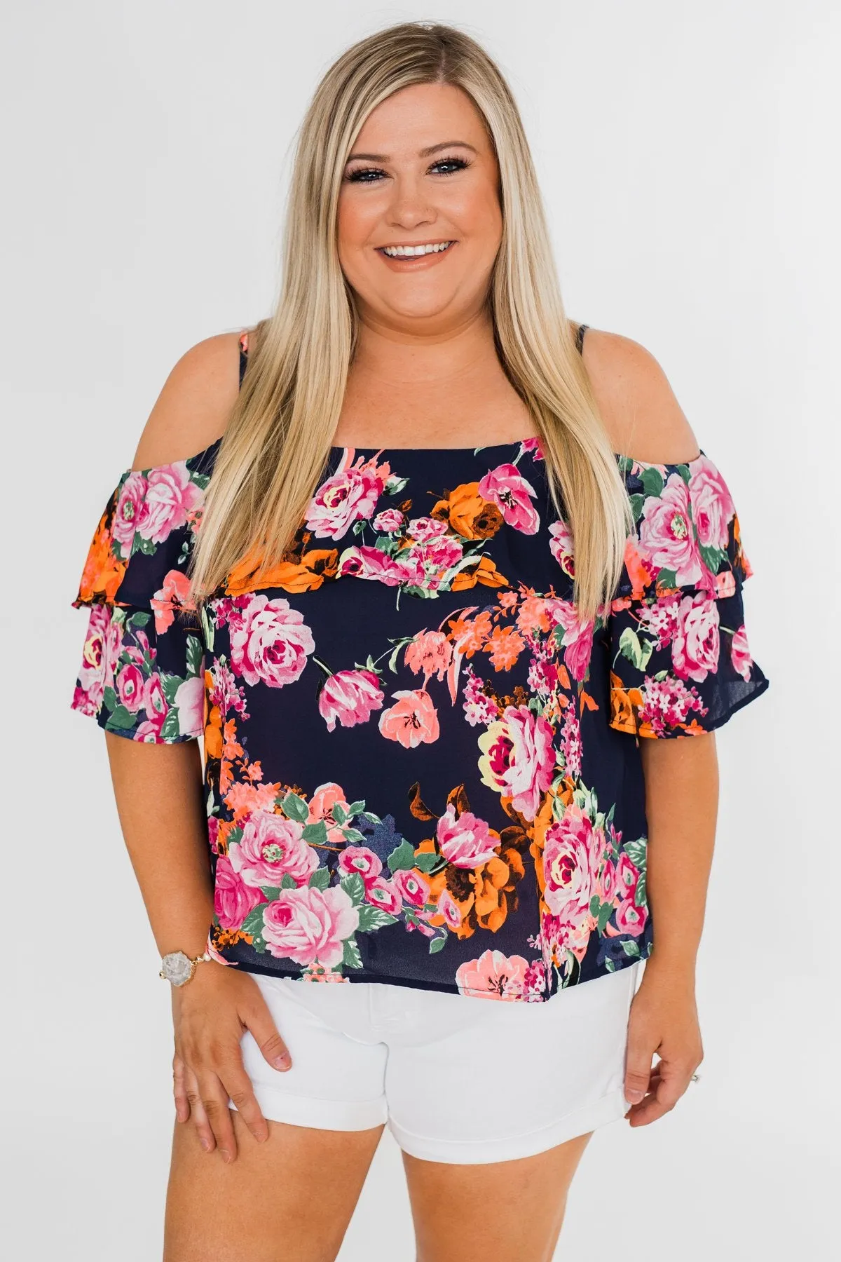 Always Dreaming Floral Cold Shoulder Top- Navy