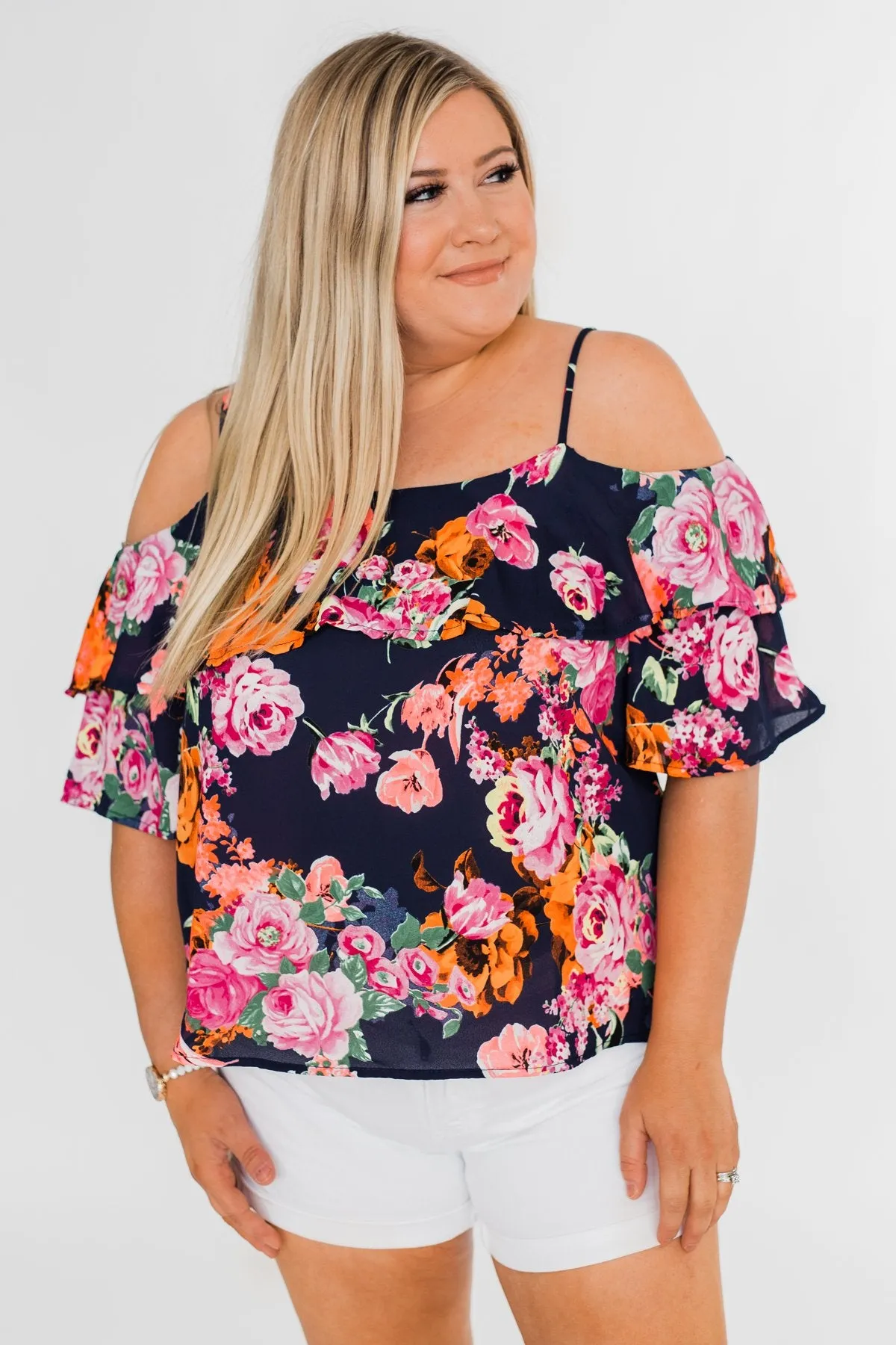Always Dreaming Floral Cold Shoulder Top- Navy