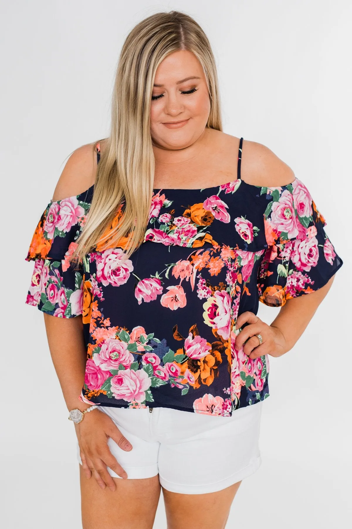 Always Dreaming Floral Cold Shoulder Top- Navy