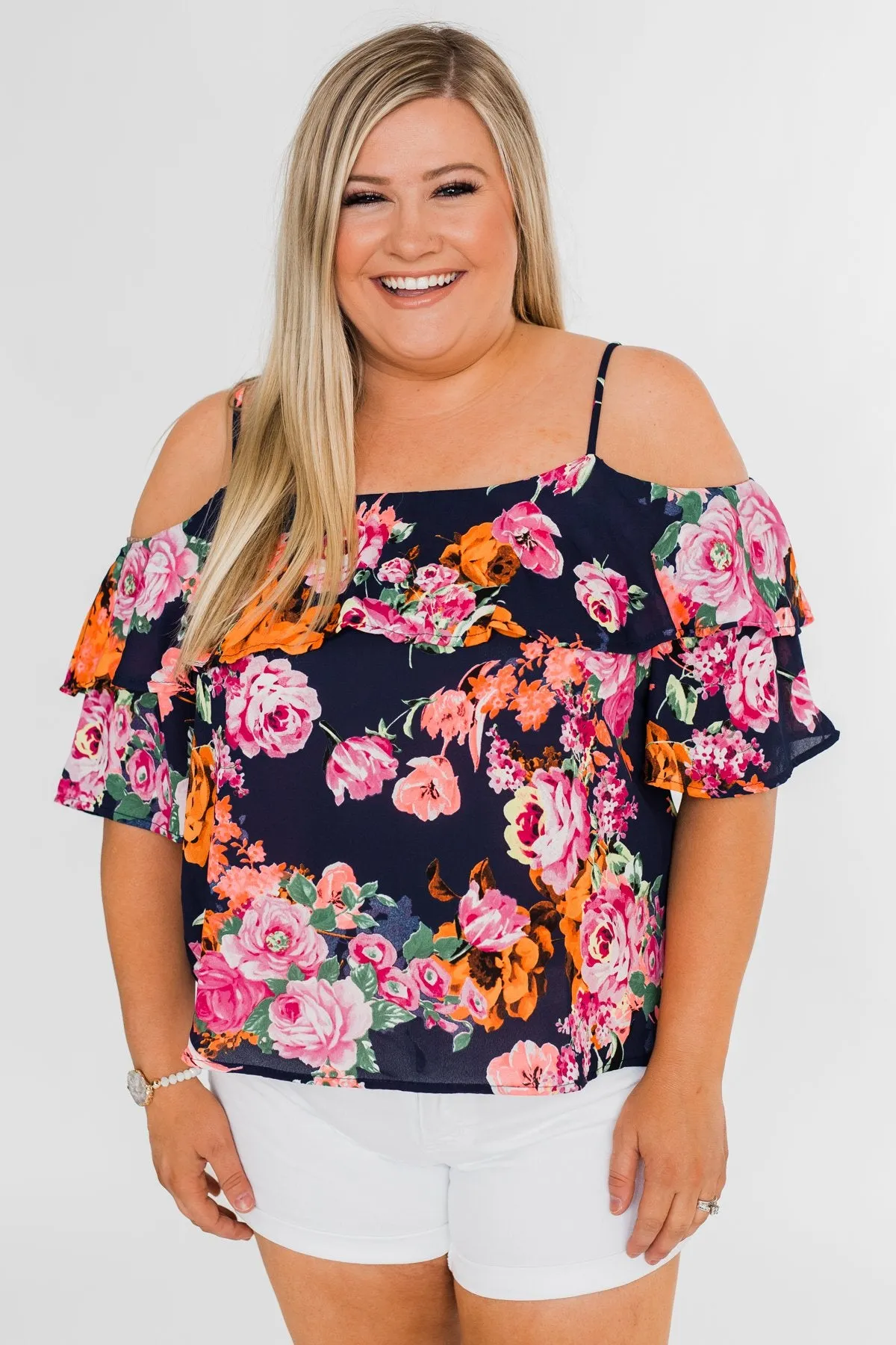 Always Dreaming Floral Cold Shoulder Top- Navy