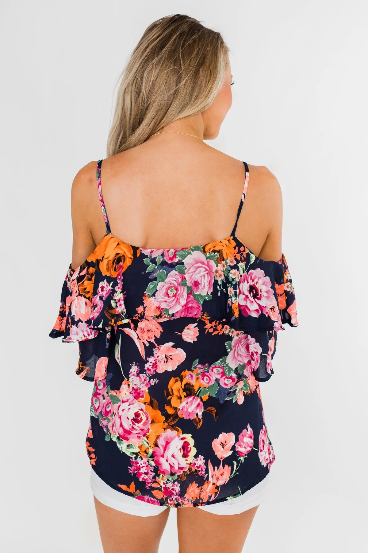 Always Dreaming Floral Cold Shoulder Top- Navy