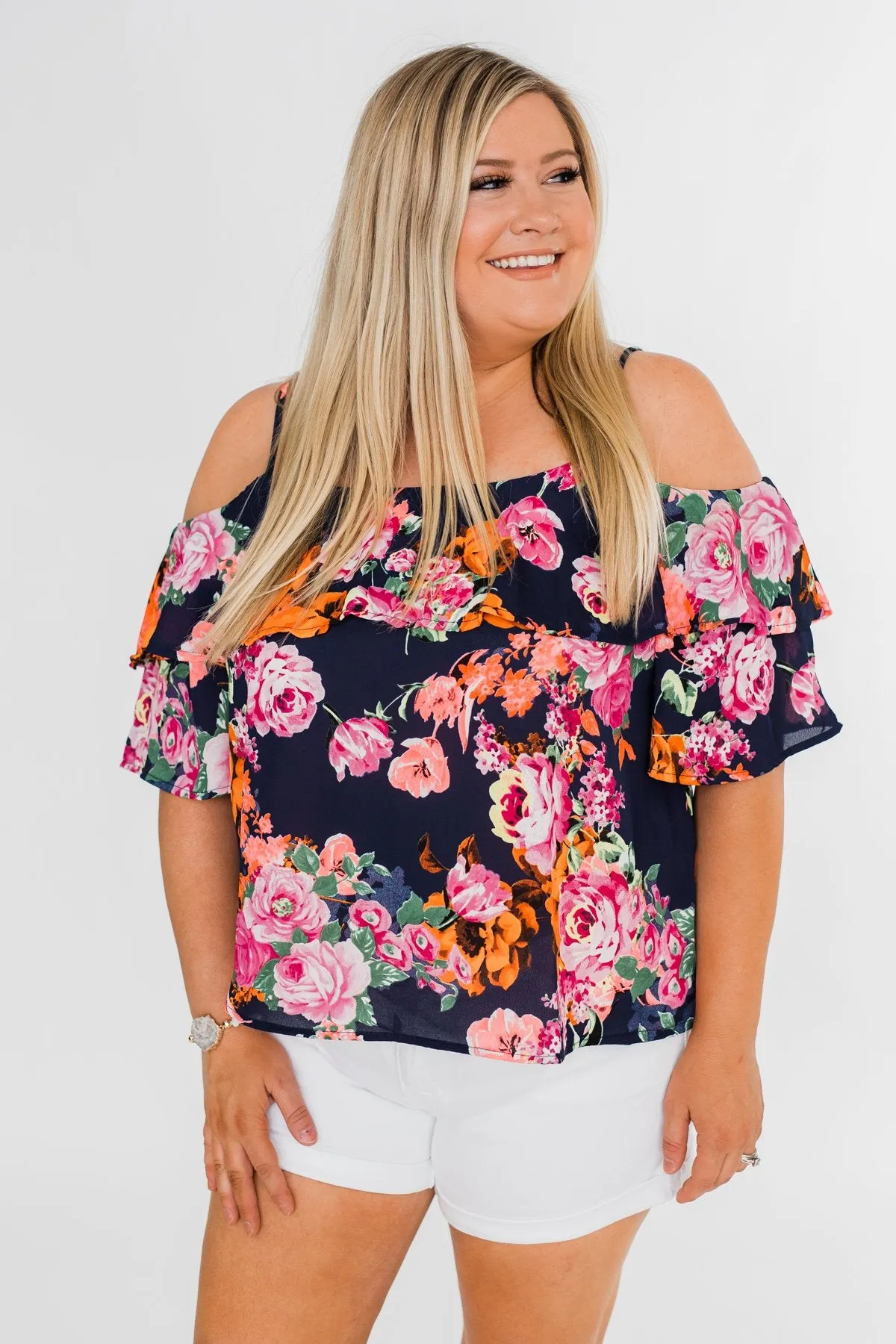 Always Dreaming Floral Cold Shoulder Top- Navy