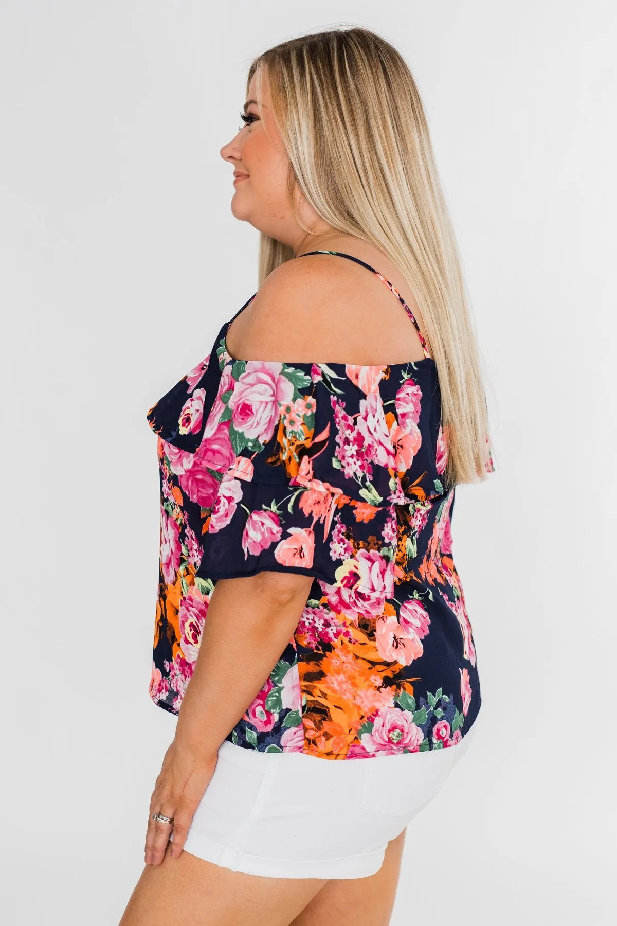 Always Dreaming Floral Cold Shoulder Top- Navy