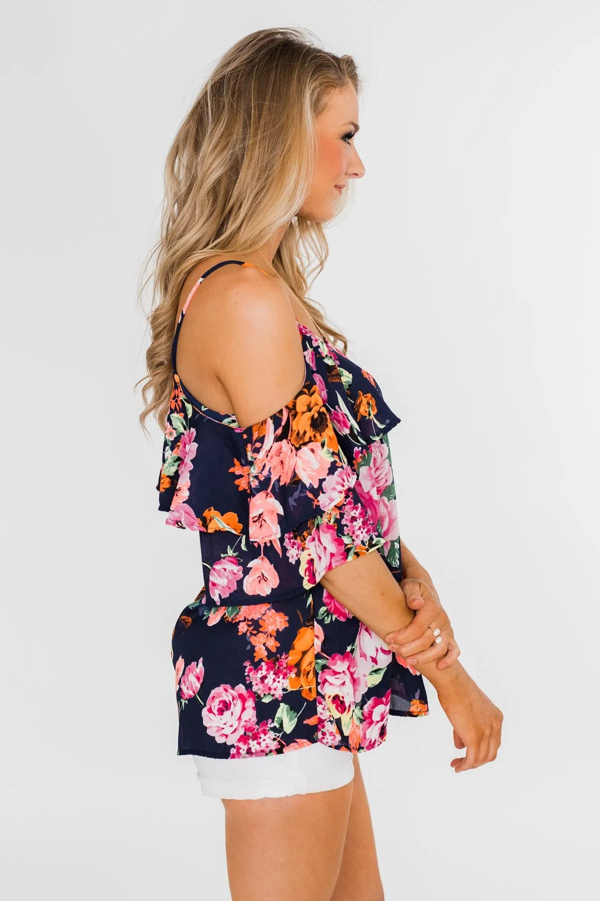Always Dreaming Floral Cold Shoulder Top- Navy