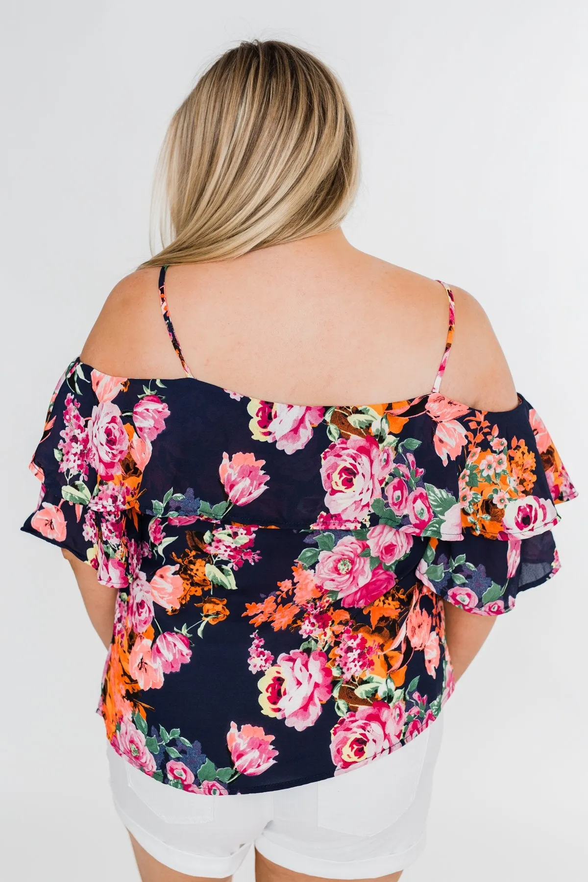 Always Dreaming Floral Cold Shoulder Top- Navy