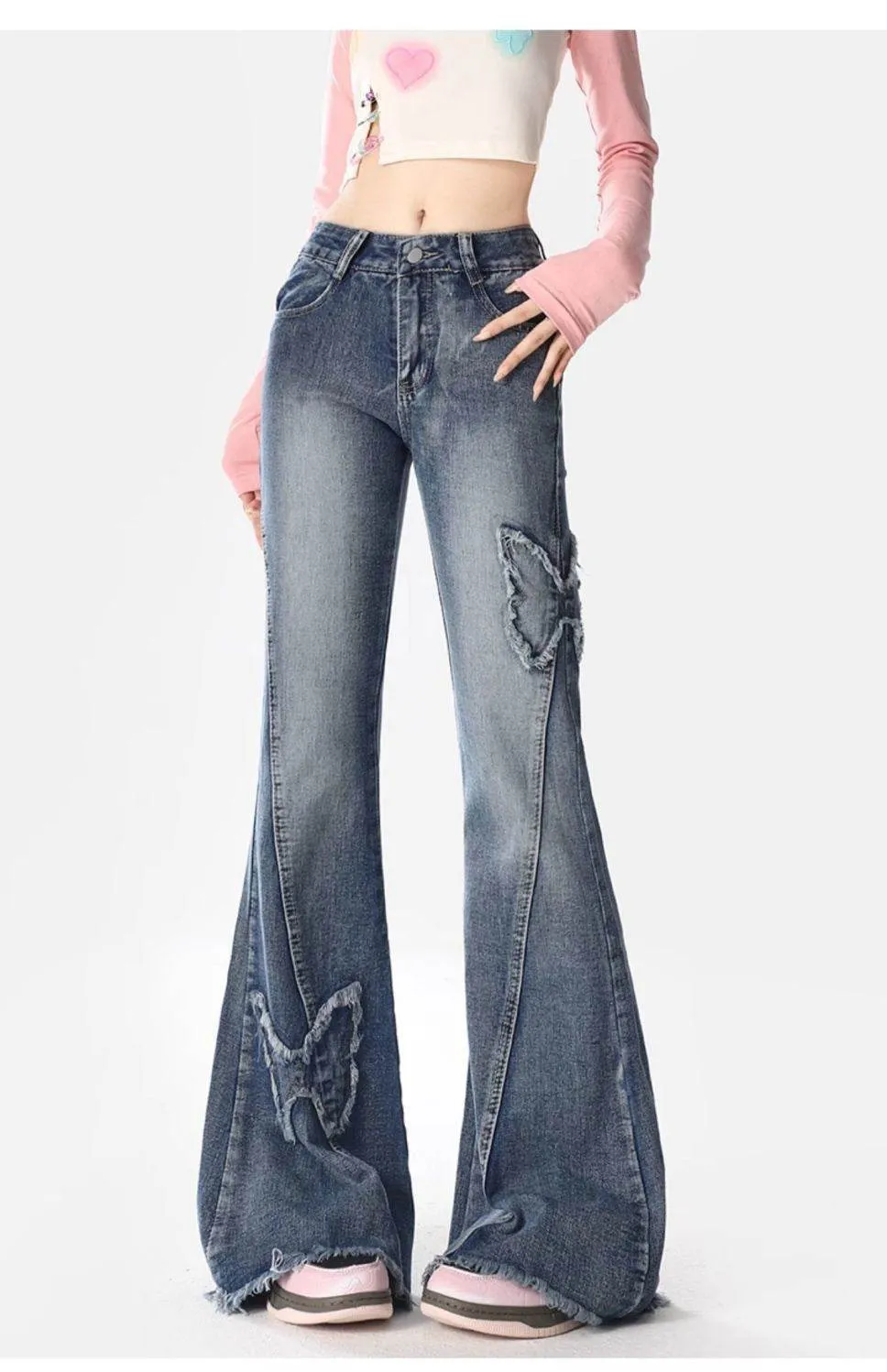 American Retro Butterfly Embroidery Slightly Flared Jeans Women