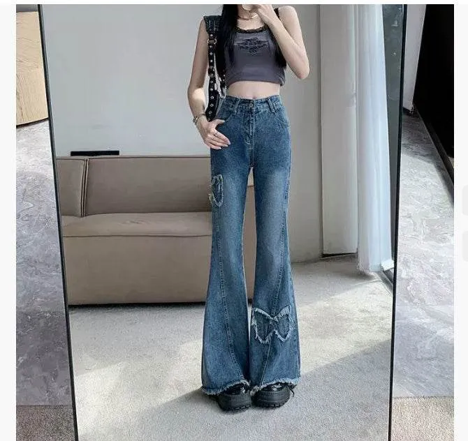 American Retro Butterfly Embroidery Slightly Flared Jeans Women