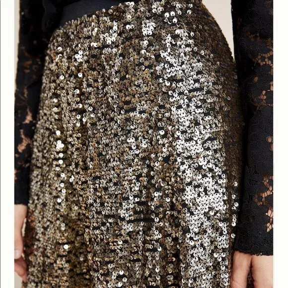 Anthropologie Sequined Metallic Silver Midi Swing Skirt Size Extra Small NWT