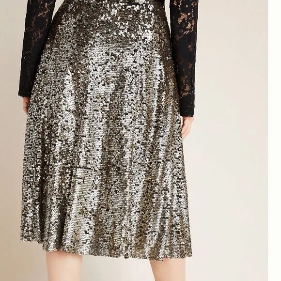 Anthropologie Sequined Metallic Silver Midi Swing Skirt Size Extra Small NWT