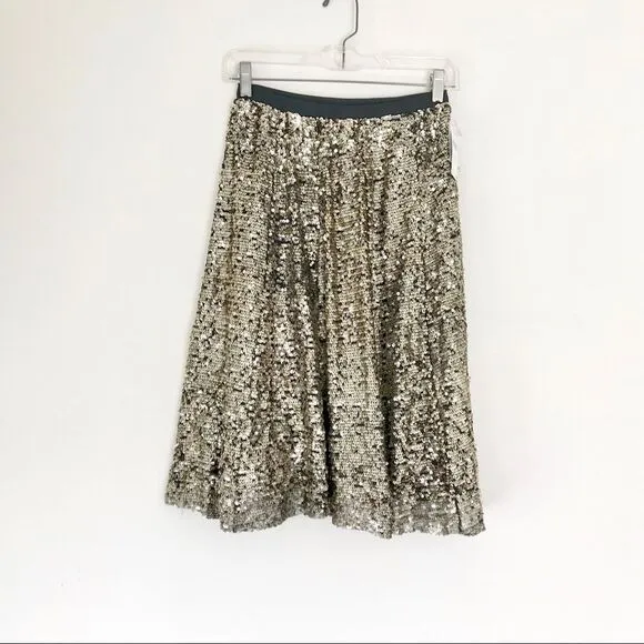 Anthropologie Sequined Metallic Silver Midi Swing Skirt Size Extra Small NWT