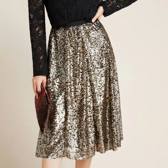 Anthropologie Sequined Metallic Silver Midi Swing Skirt Size Extra Small NWT
